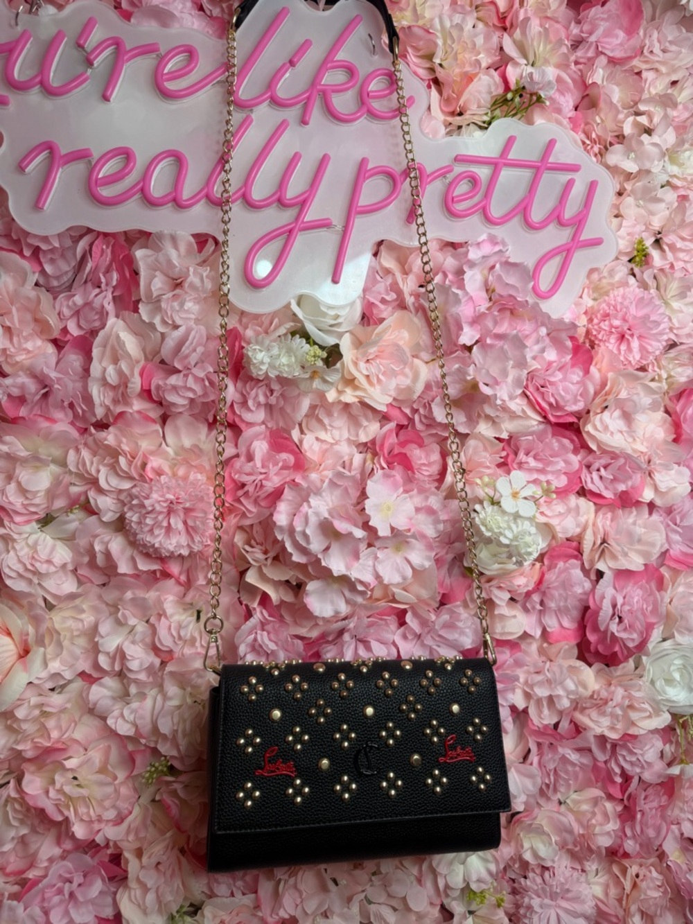Studded Black Pebbled Leather Chain Crossbody Bag